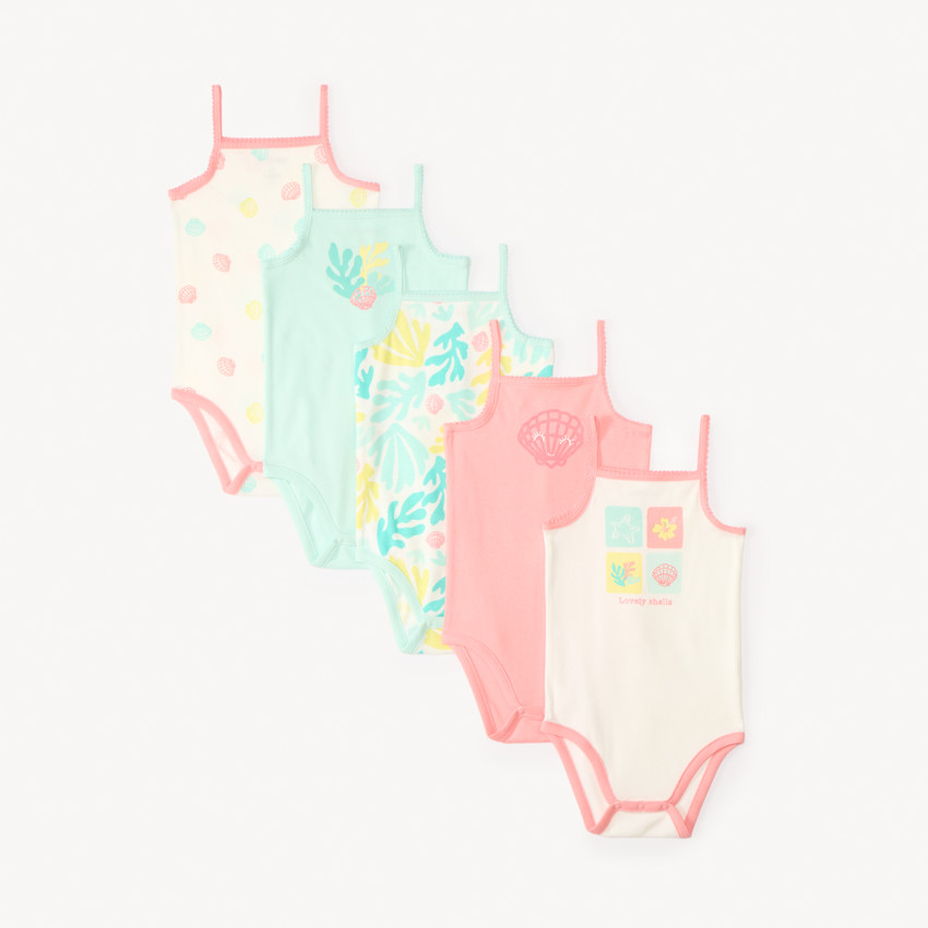 Conjunto de 5 bodies sin mangas con estampado de playa para niña. 