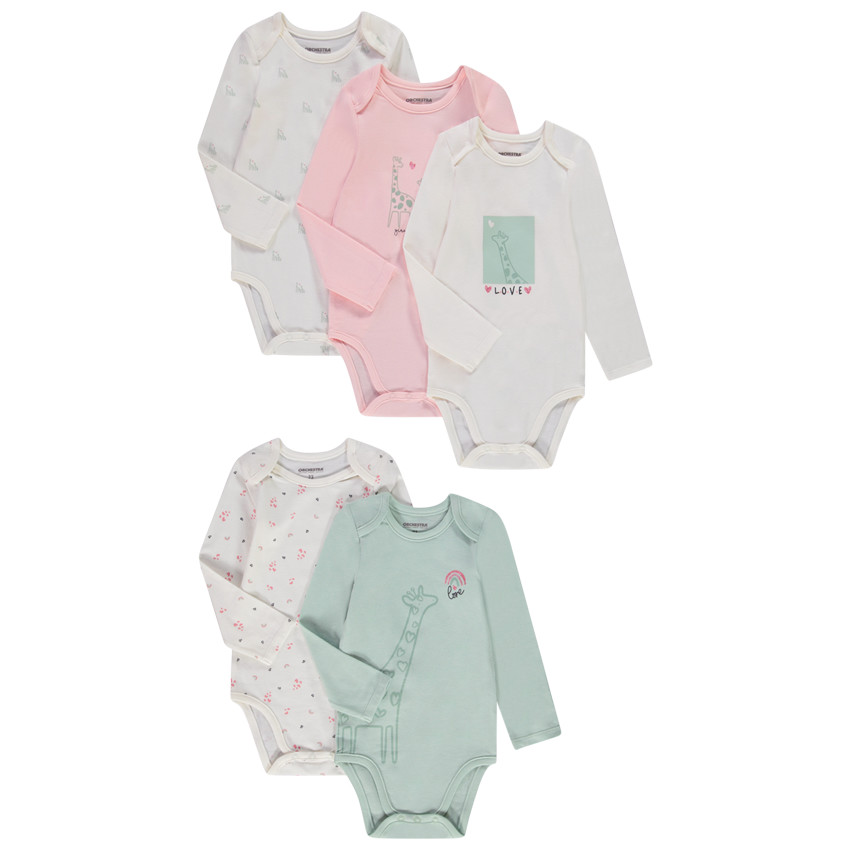 Pack de 5 bodies de manga larga para bebé niña con diferentes aperturas según la edad. 