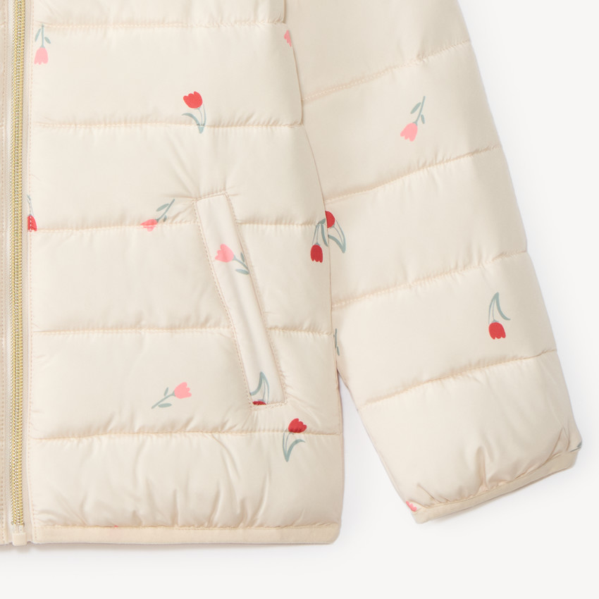 Chaqueta acolchada para niña con capucha y estampado de flores 