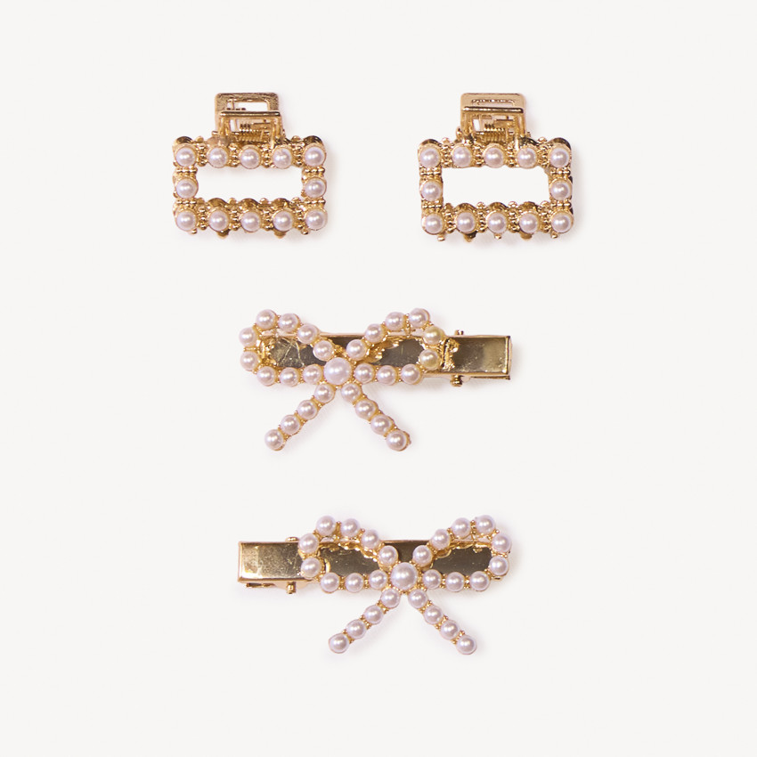 Lot de 2 barrettes nœud + 2 pinces en perles pour fille 