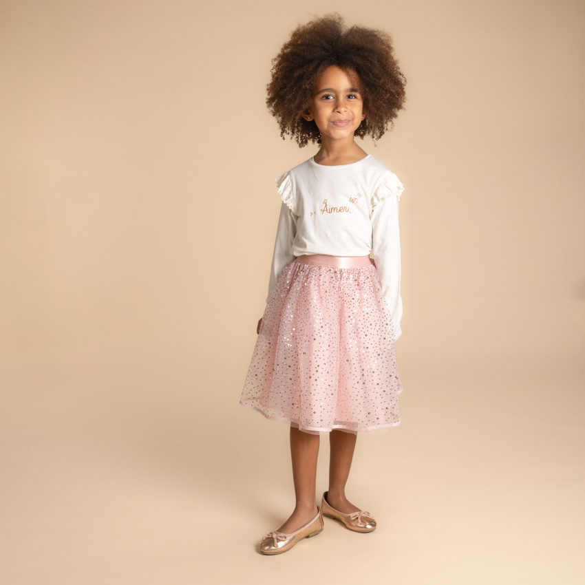 Falda corta unicolor rosa de tul con brillantes lentejuelas para niña 