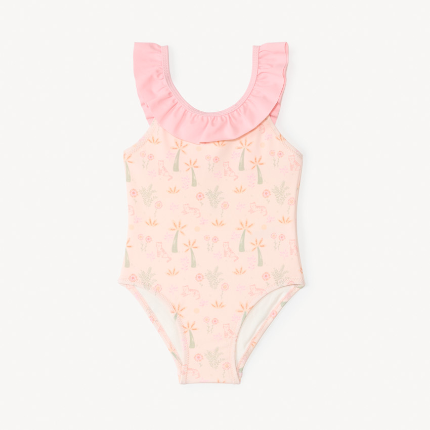 Bañador de una pieza con volantes y estampado fantasía para niña bebé. 