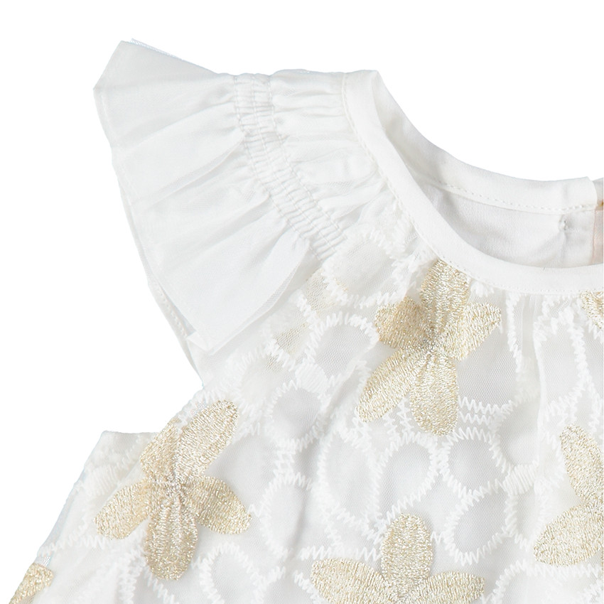 Vestido de fiesta de encaje con flores doradas y bloomer liso 