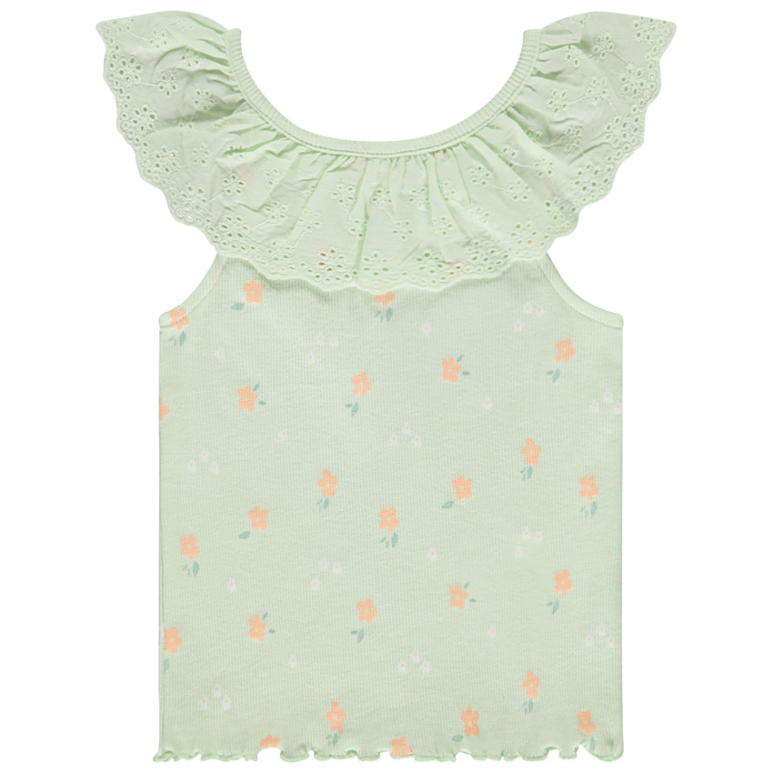 Camiseta sin mangas de punto acanalado con cuello de bordado inglés para bebé niña 