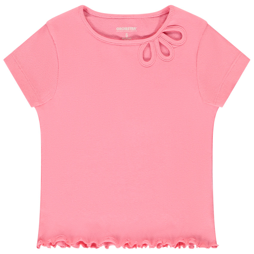 Camiseta de manga corta de punto acanalado con cuello calado para niña 