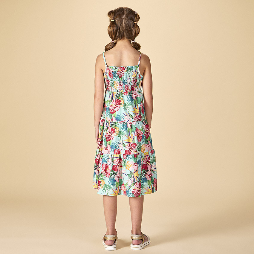 Vestido largo con volantes estampado tropical para niña 