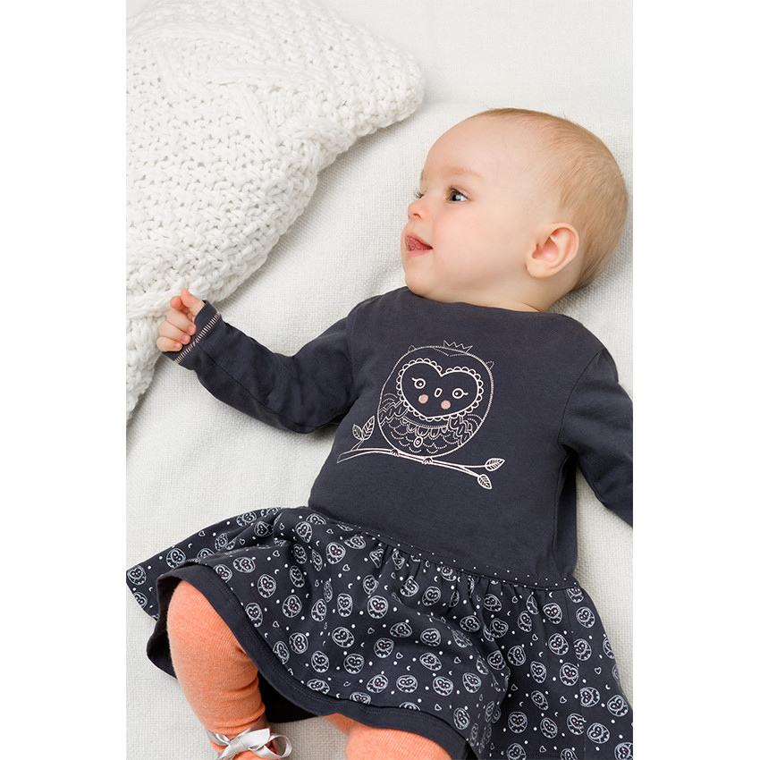 Vestido de manga larga con volantes y estampado de lechuza 