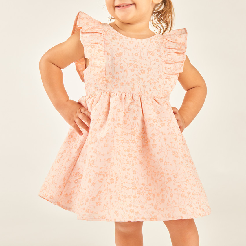Vestido de manga corta con volantes y estampado floral en jacquard para niña bebé. 