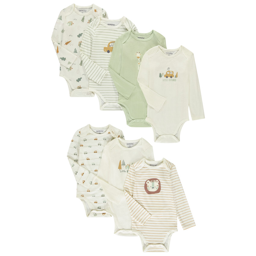Pack de 7 bodies de manga larga para bebé niño con diferentes aperturas según la edad. 