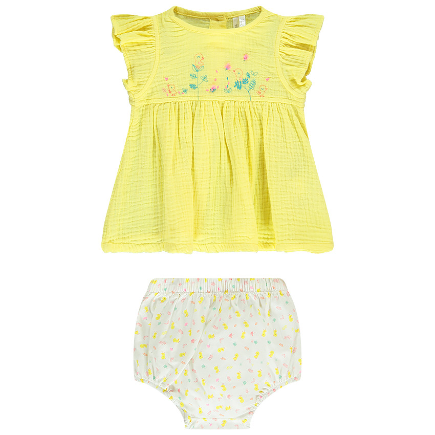 Ensemble en double gaze de coton tunique + bloomer imprimé poussin pour bébé fille  Additional Ensemble en double gaze de coton tunique + bloomer imprimé poussin pour bébé fille