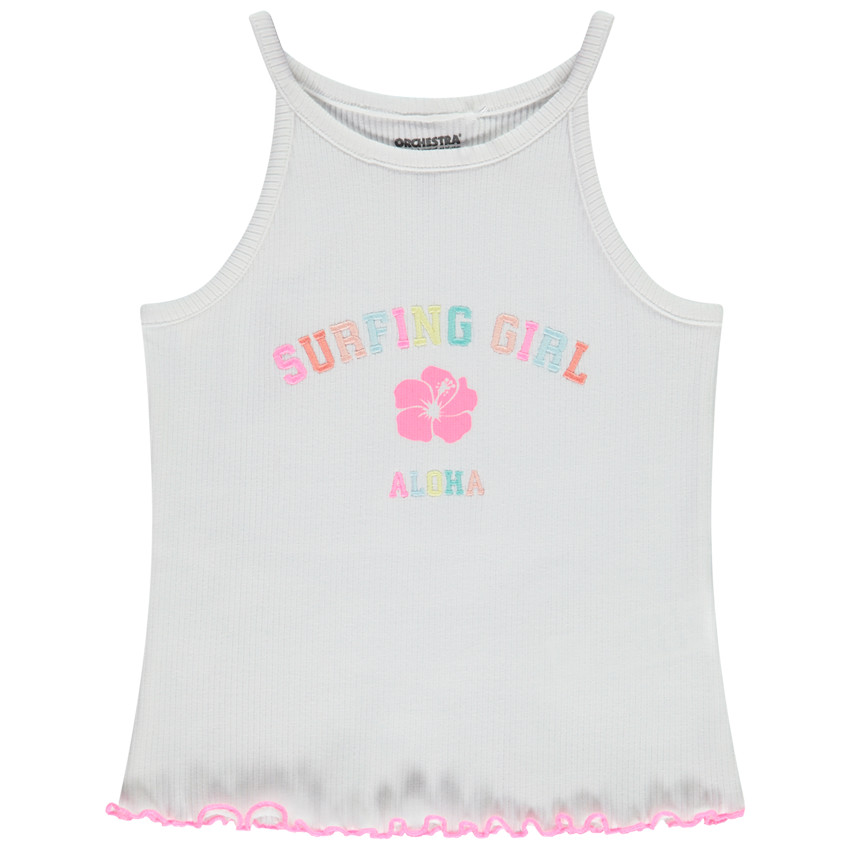 Camiseta sin mangas acanalada con bordado multicolor y estampado para niña 