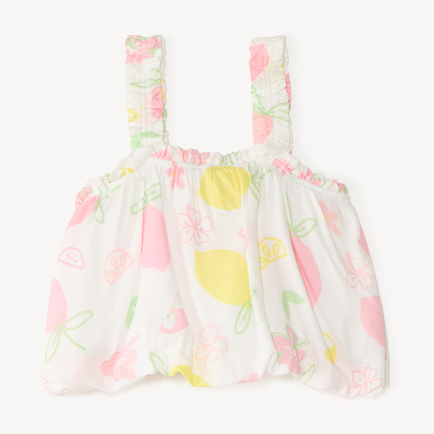 Top corto abullonado con tirantes y estampado de frutas para niña 