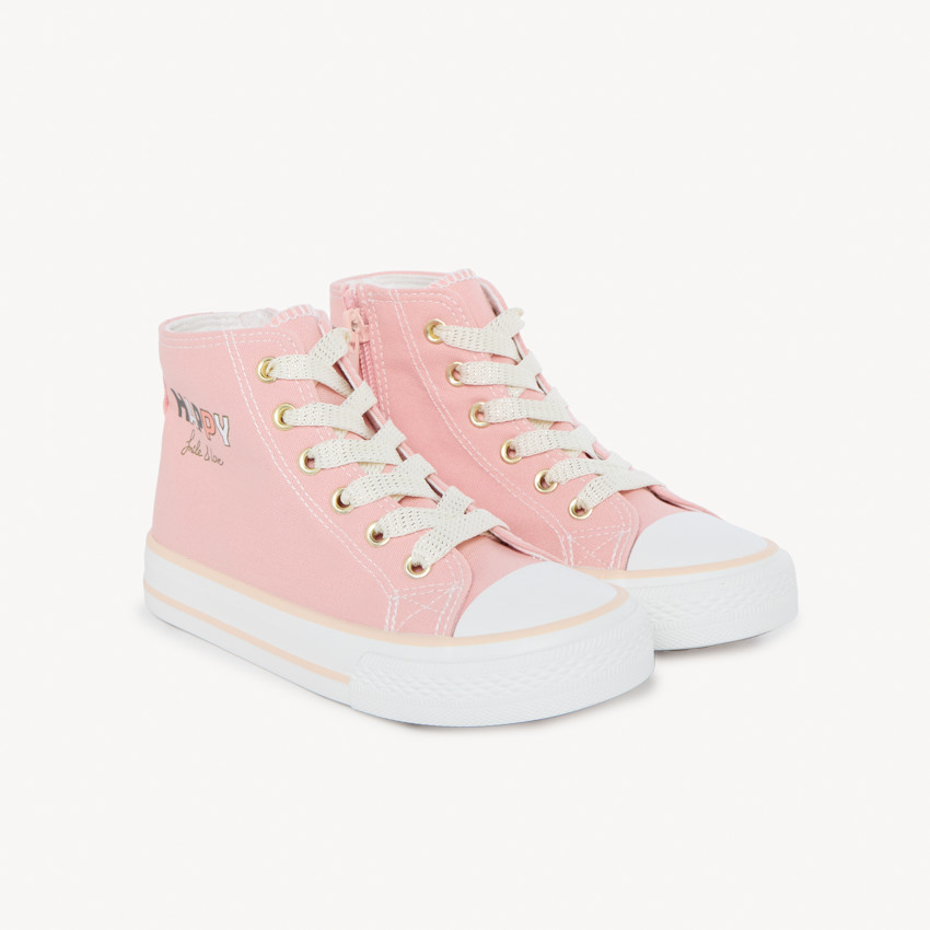 Zapatillas altas de lona con cremallera y cordones decorativos para niña 