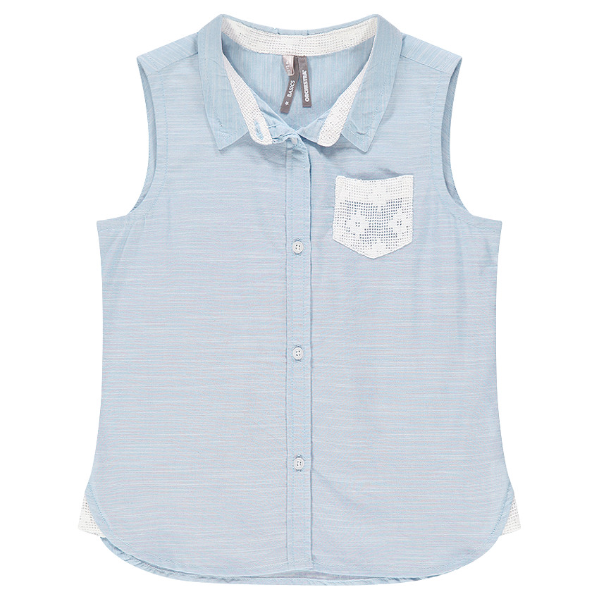 Camisa sin mangas de algodón chambray con bolsillo de encaje 