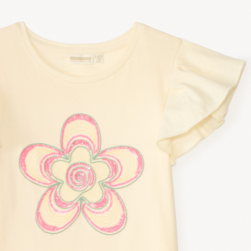 Camiseta de manga corta con flores de cordón y brillantina para niña. 