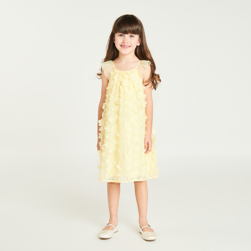 Vestido liso de tul y satén con pequeñas flores en 3D para niña 