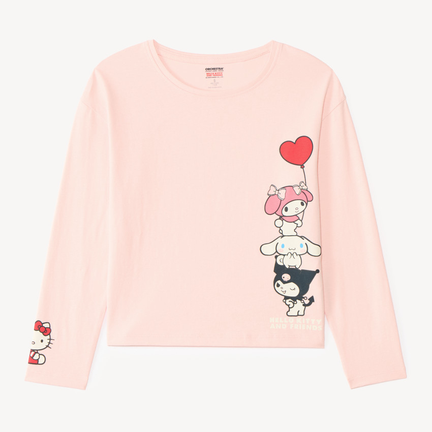 Camiseta de niña de manga larga oversized con estampado de Hello Kitty y sus amigos. 