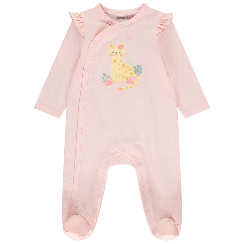 Pelele rosa fantasía con estampado y volantes para niña. 