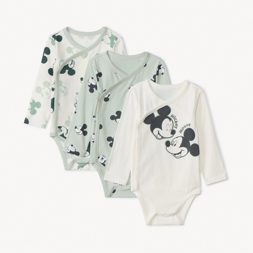 Lot de 3 bodies manches longues imprimé Mickey Disney pour bébé garçon avec ouvertures différentes selon l'âge 