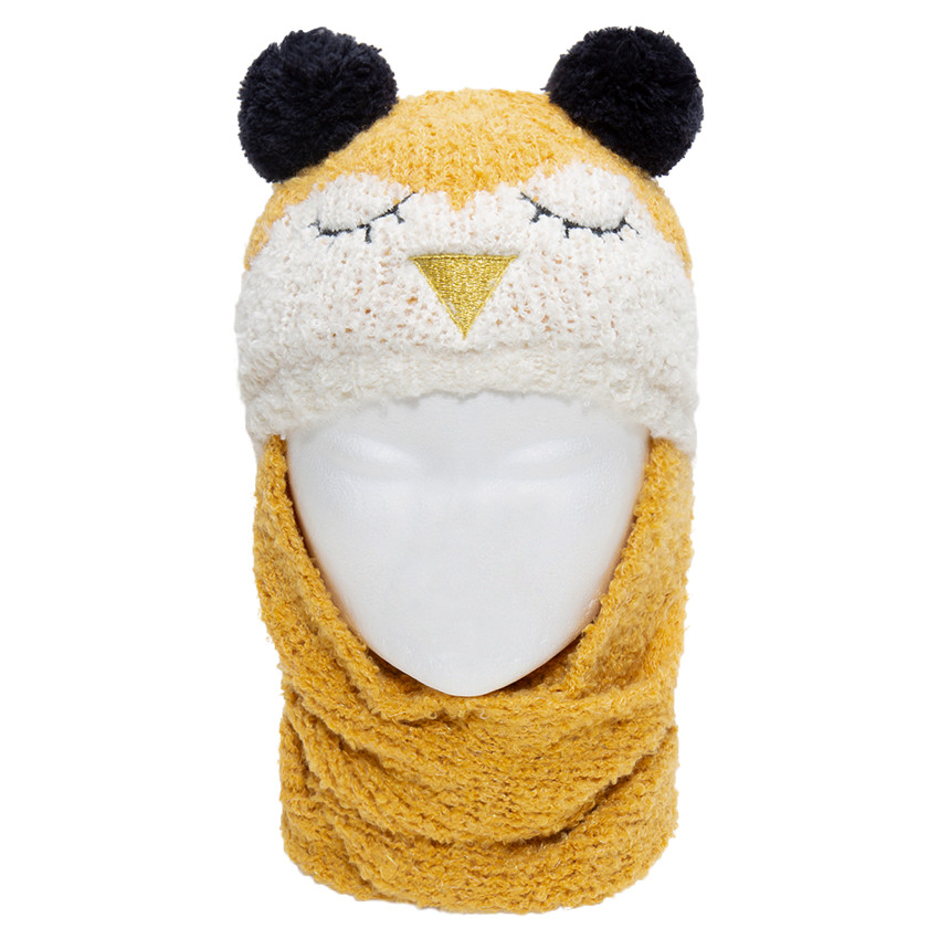 Gorro con bufanda de punto con dibujo de pájaro con orejas con forma de pompones 