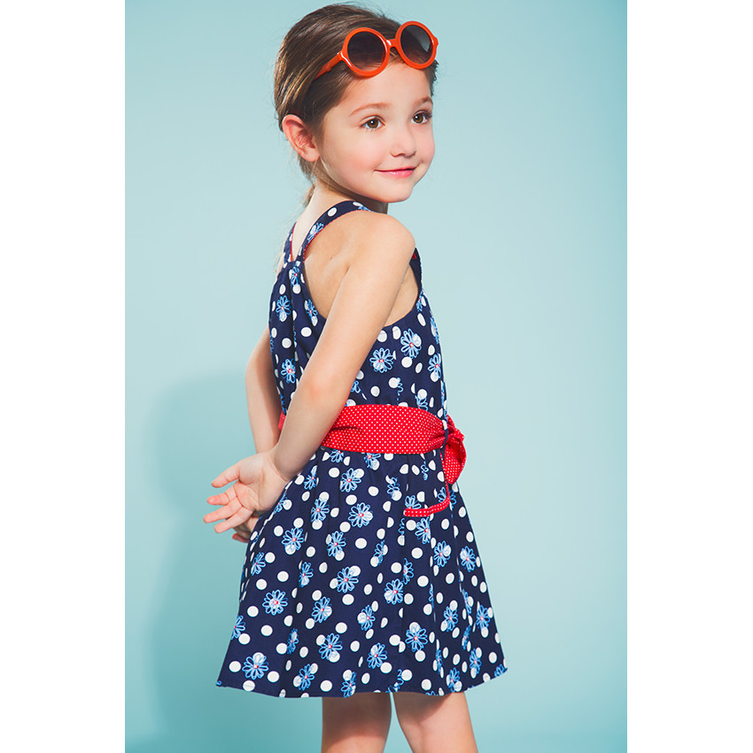 Vestido sin mangas cinturón para anudar con estampado de flor y de puntos 