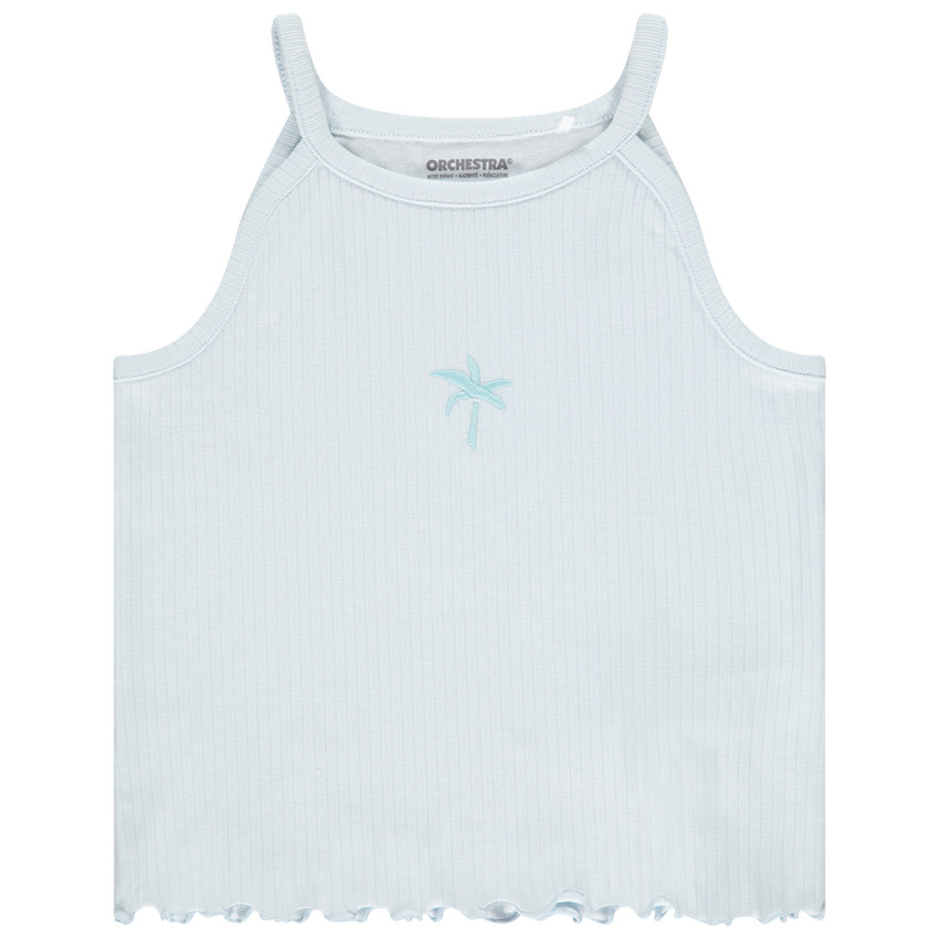 Camiseta corta acanalada con bordado niña 
