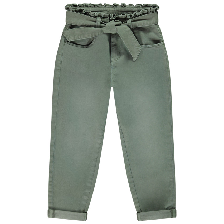 Pantalón vaquero verde liso con efecto denim y cinturón para niña 