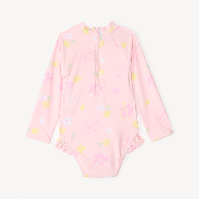 Bañador de una pieza de manga larga anti-UV con estampado de flores para niña bebé 