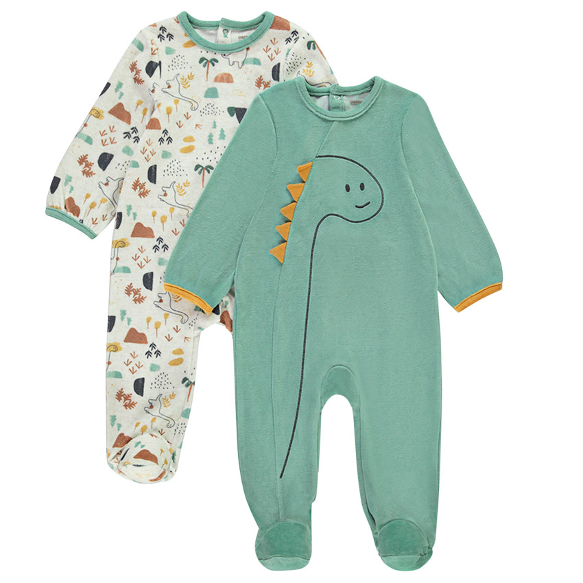 Lote de 2 peleles de terciopelo con estampado de dinosaurios para bebé niño con aperturas según la edad 