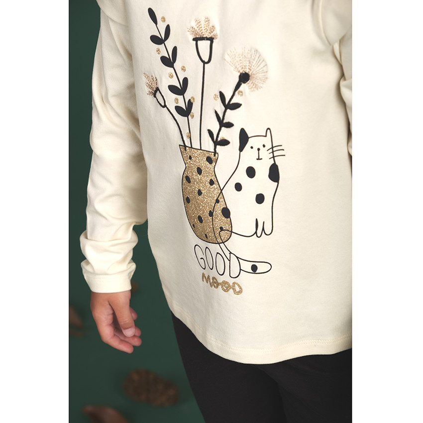 Camiseta de manga larga de punto con estampado de gato para niña 