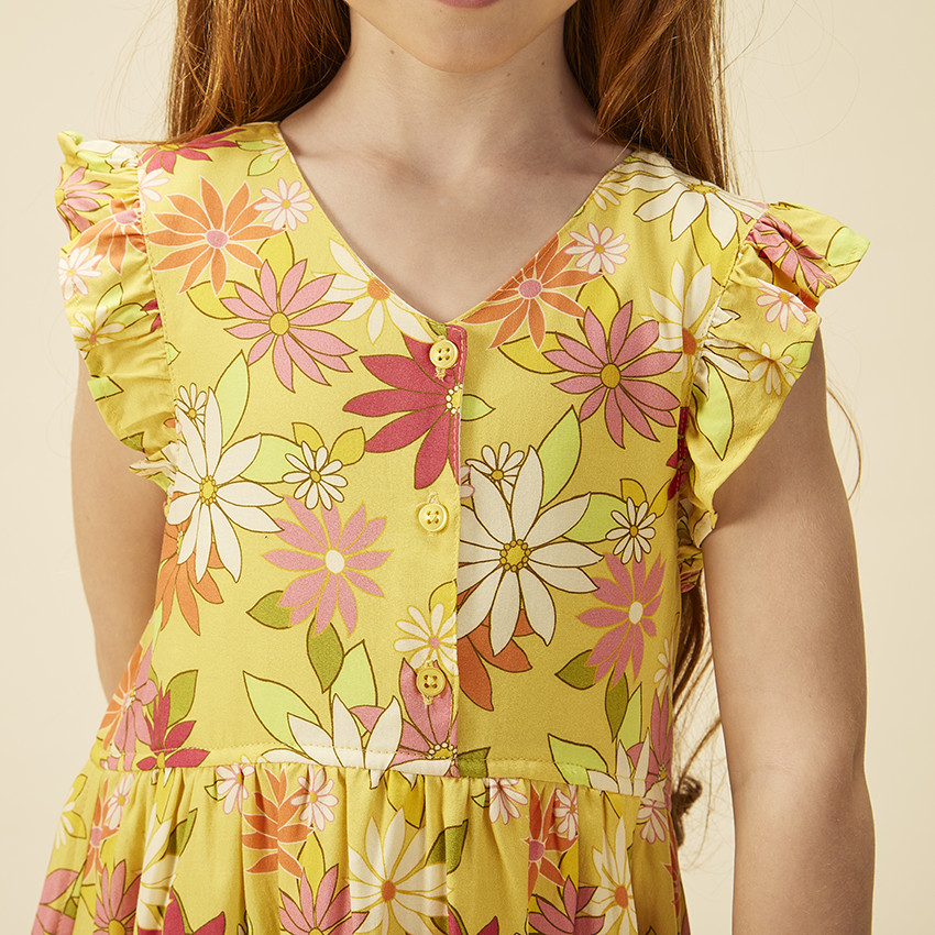 Vestido de manga corta con volantes y estampado floral para niña 