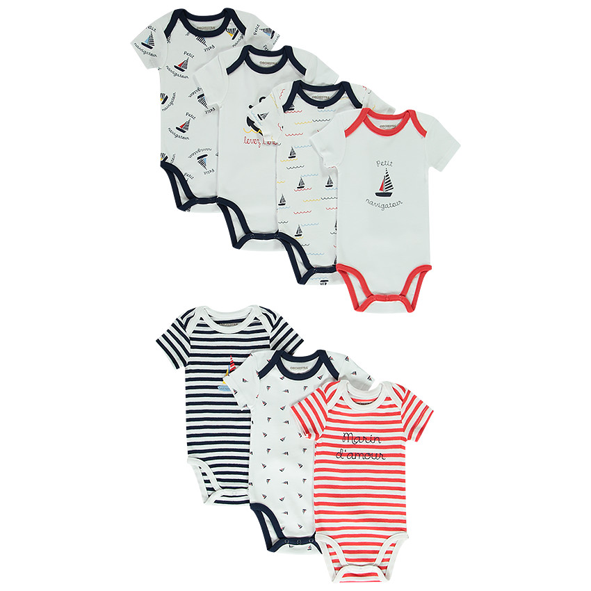 Pack de 7 bodies estampados de veleros para bebé niño 