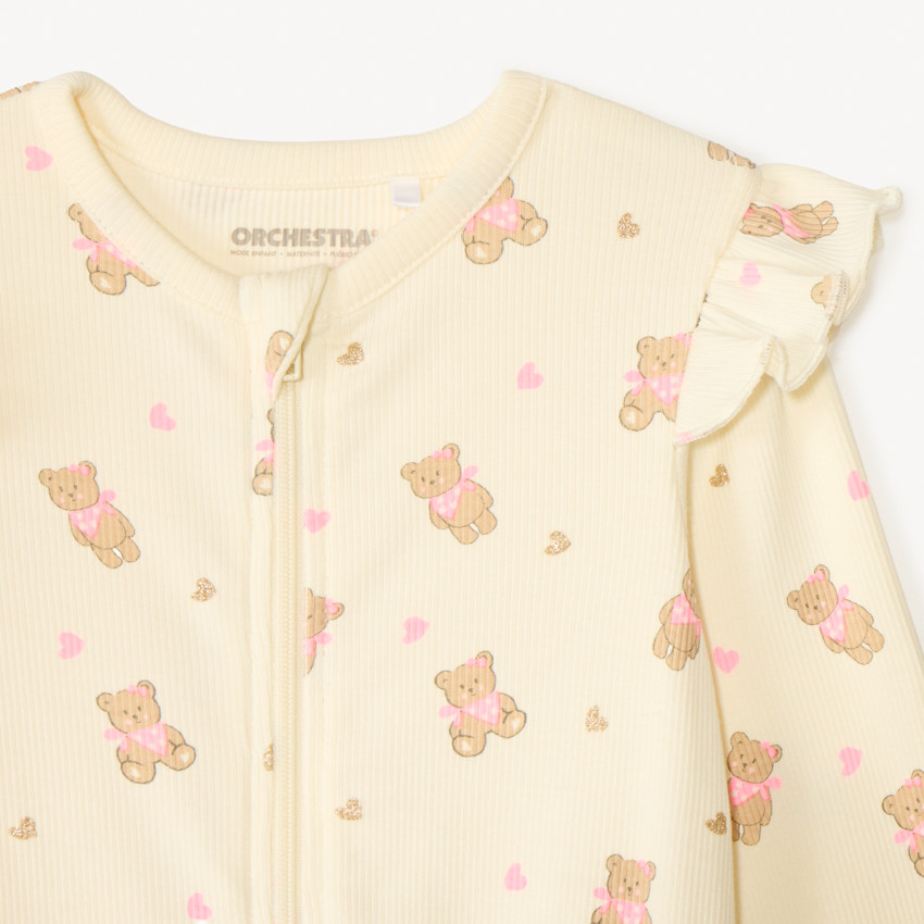 Dormir en traje de punto de canalé con cremallera y estampado de oso para niña 