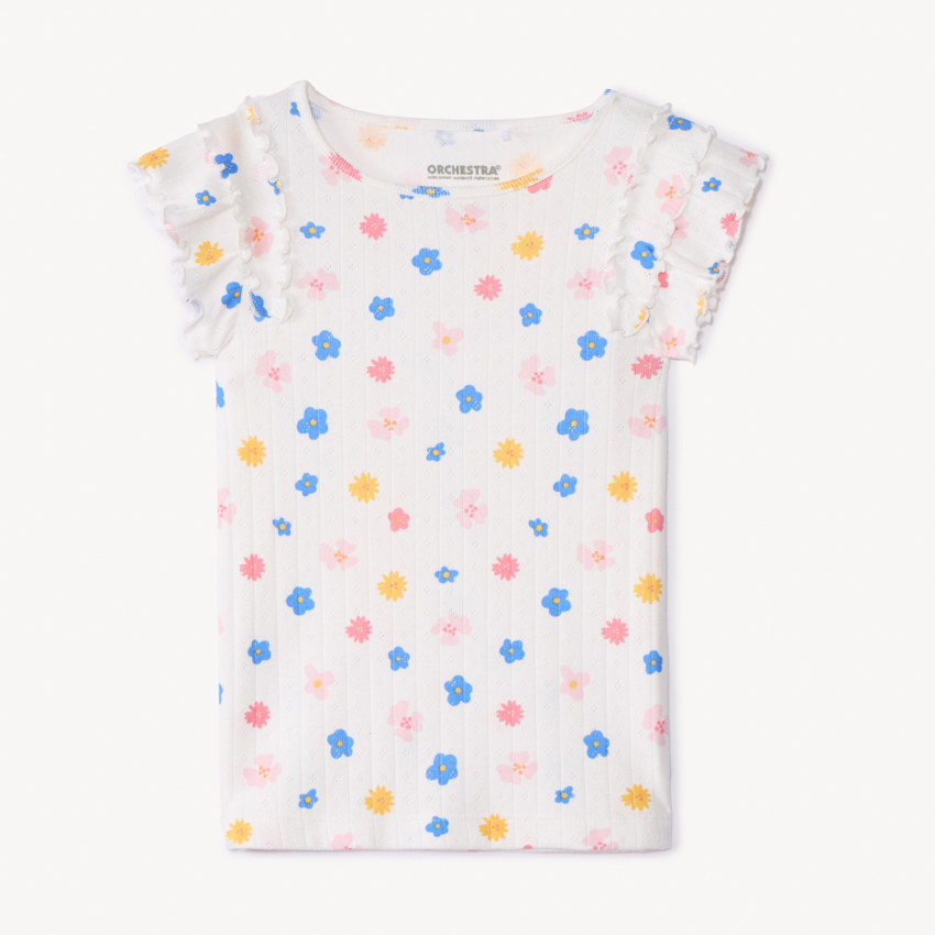 Camiseta de manga corta de punto de canalé con estampado de flores para niña 
