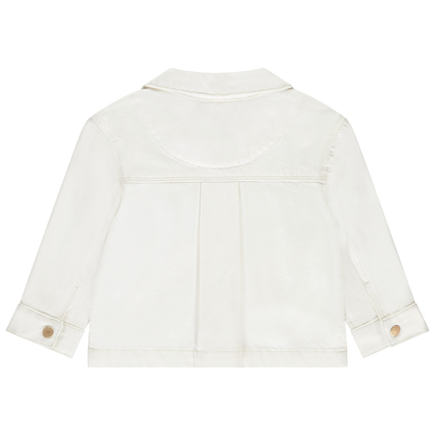 Chaqueta de mezclilla tipo worker con corazones bordados para niña. 