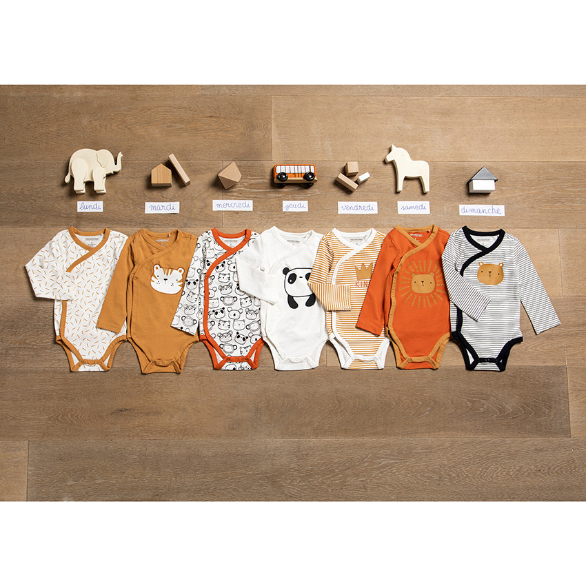 Lot de 7 bodies manches longues en coton print animaux 