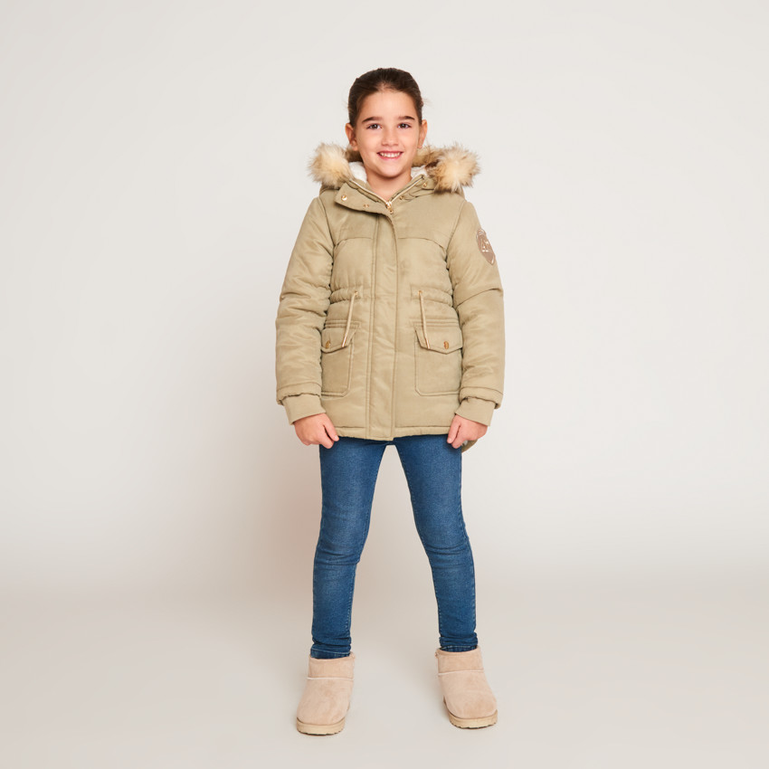 Parka impermeable con capucha y efecto de pelo sintético para niña 