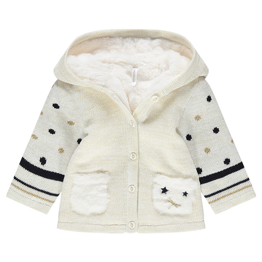 Chaqueta con capucha de punto con dibujos gráficos y forro de borreguillo 