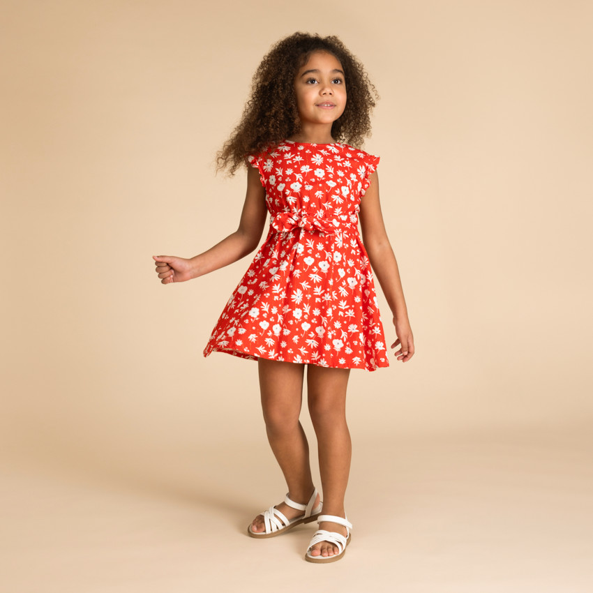 Vestido de manga corta ceñido con estampado de flores para niña  Additional Vestido de manga corta ceñido con estampado de flores para niña
