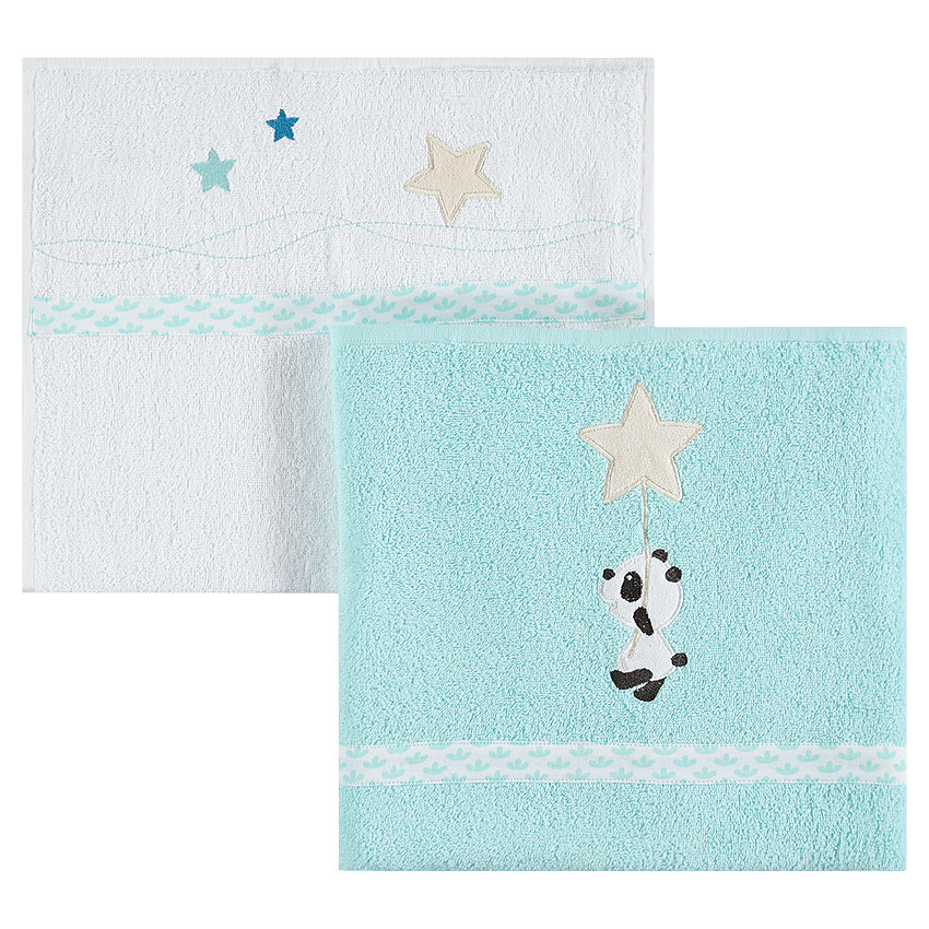Set de 2 toallas de 2 tamaños con estrellas y panda bordados  Additional Set de 2 toallas de 2 tamaños con estrellas y panda bordados