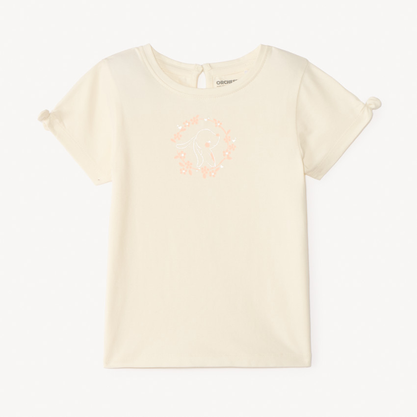 Camiseta de manga corta lisa con estampado de conejo para niña. 