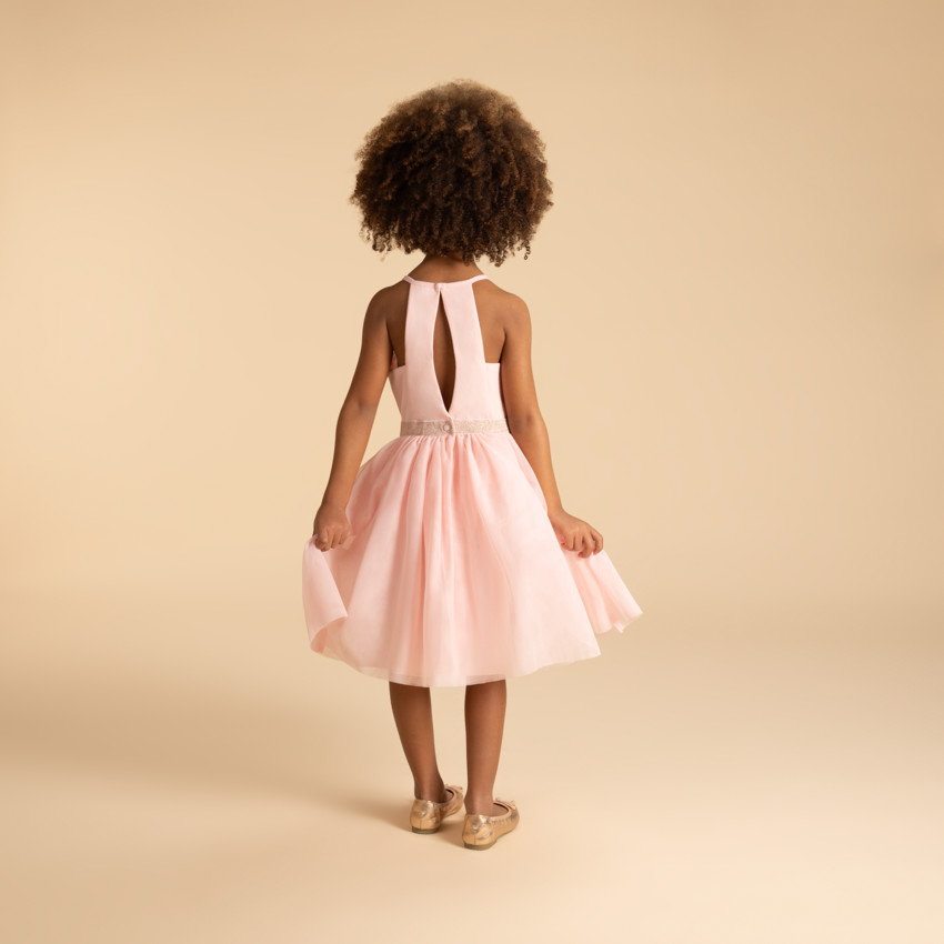 Vestido de ceremonia bicolor con tirantes y flor para niña 