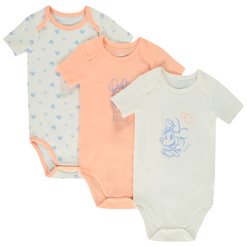 Pack de 3 bodies manga corta Minnie Disney para bebé niña con diferentes aperturas según la edad 