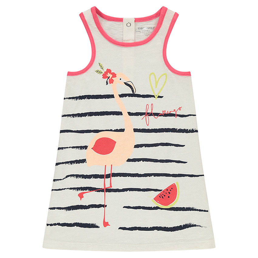 Vestido sin mangas de punto slub con rayas y flamenco rosa estampados 