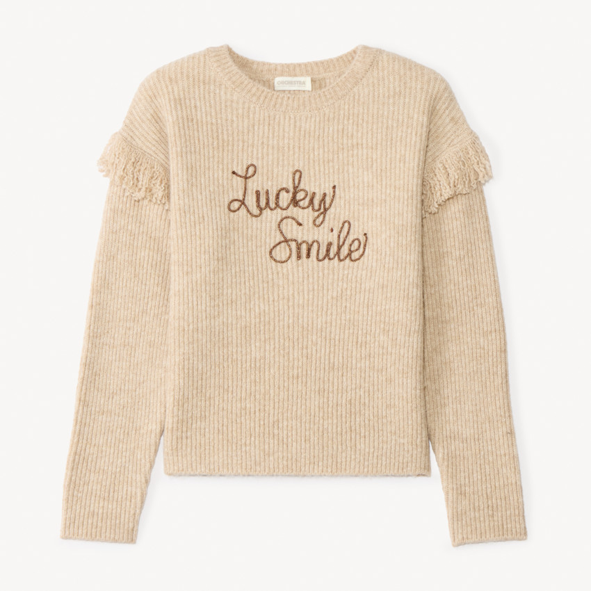 Jersey de punto acanalado con flecos y cordón para niña 