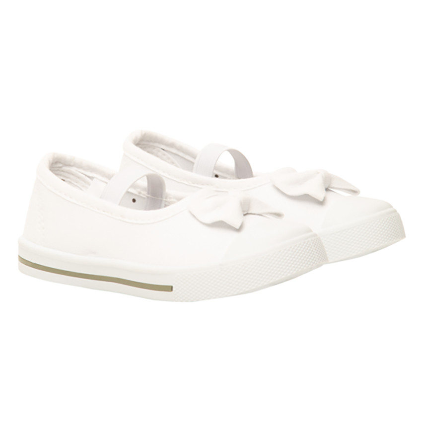 Merceditas blancas de tela con lazo y tira elástica para niña 