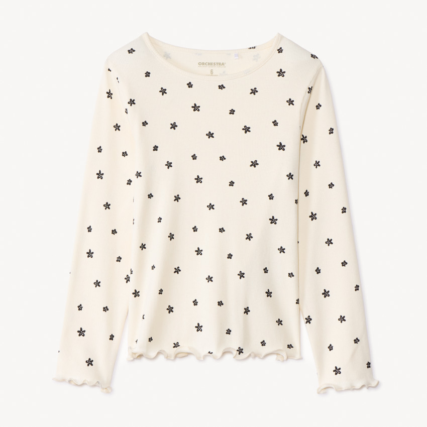 Camiseta de manga larga de punto acanalado con estampado de flores para niña 