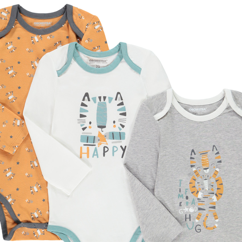 Pack de 7 bodies de manga larga estampados con tigres para bebé niño 