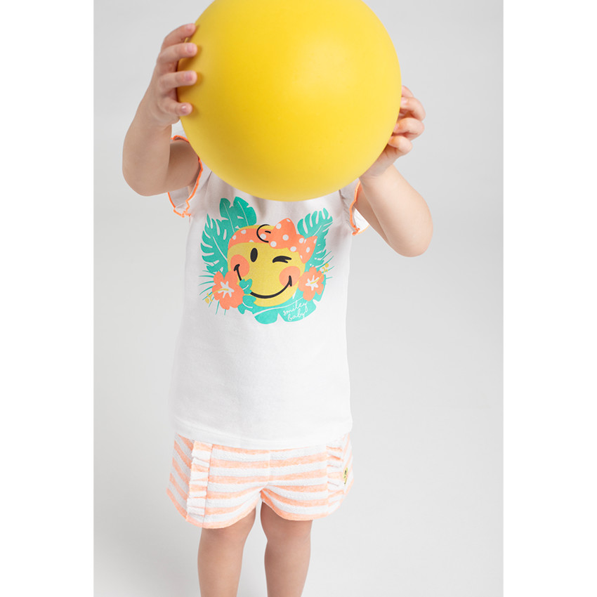 Conjunto de camiseta con estampado ©Smiley y pantalón corto de rayas 