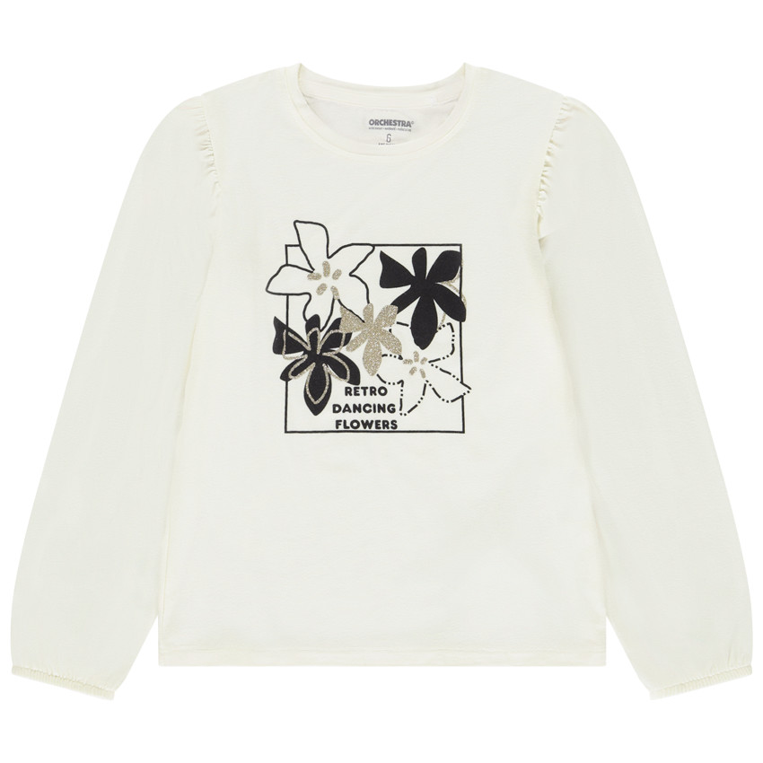 Camiseta de manga larga estampada floral con purpurina para niña 